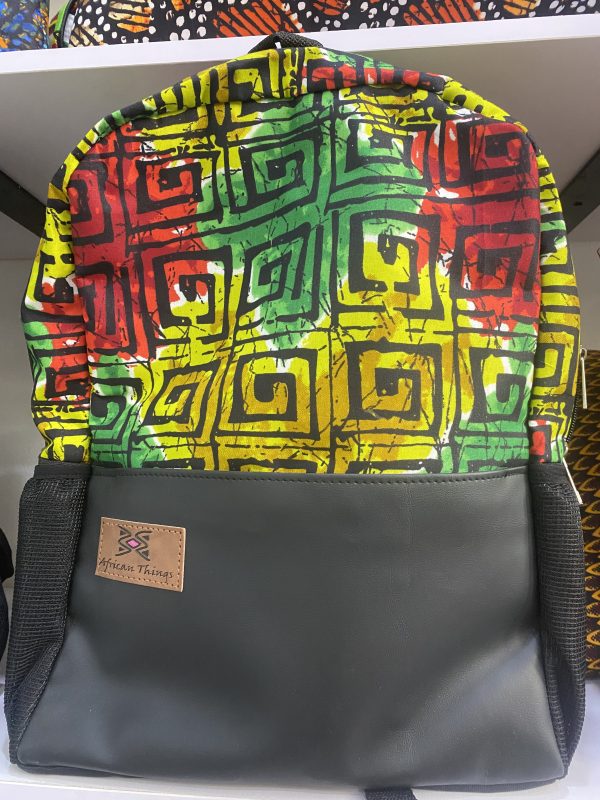 African Print and leather school bag (backpack) Africanthings.org