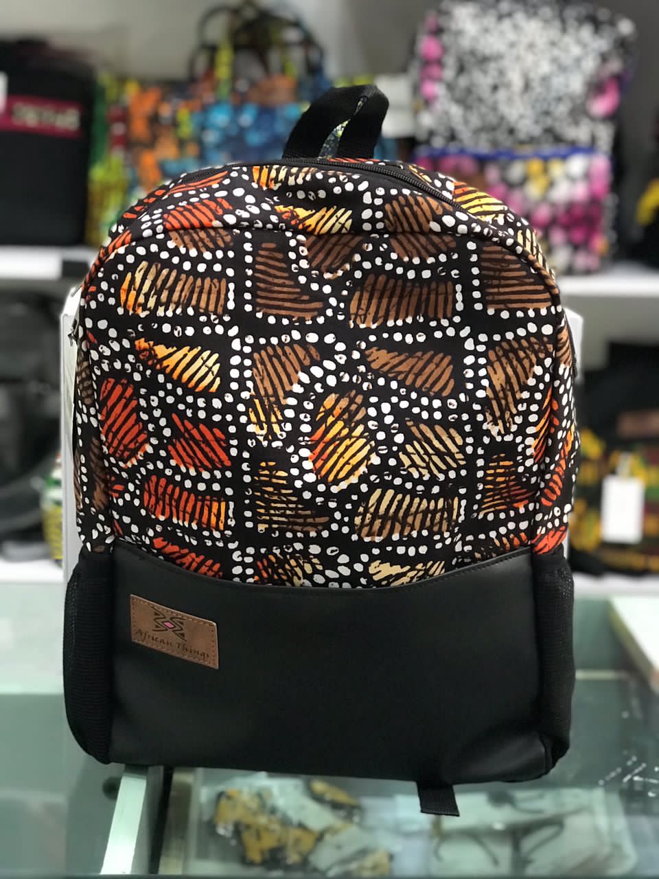 African Print and leather school bag (backpack) Africanthings.org