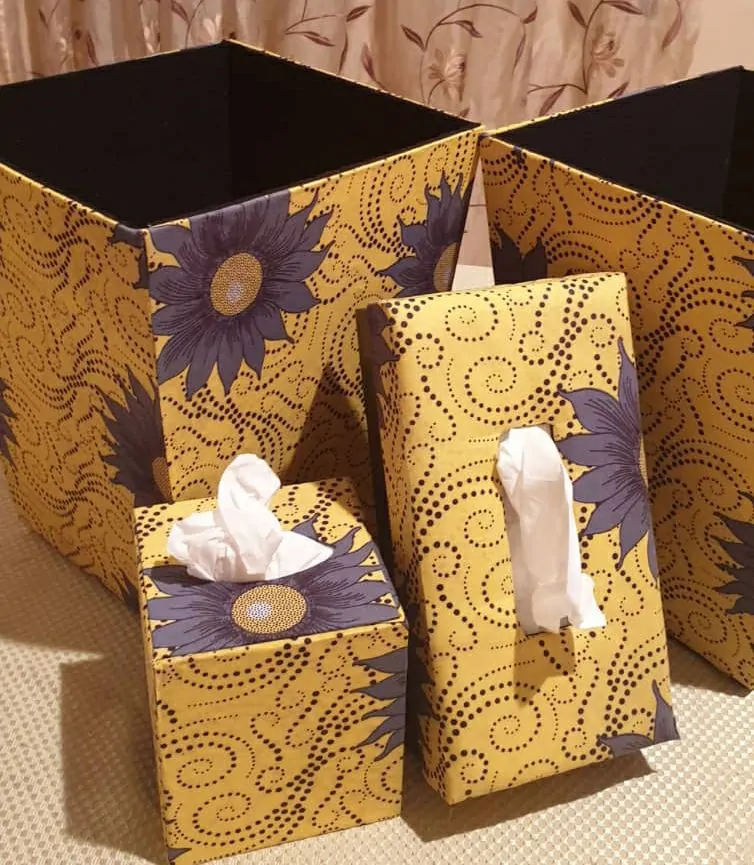 Yellow Ankara waste bin with tissue box