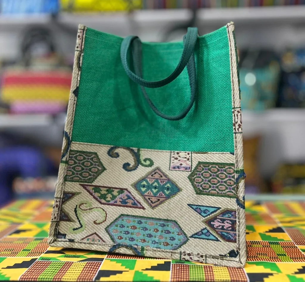 Geometric Print Jute Tote Bag with Green Panel in Lagos, Nigeria from African Things