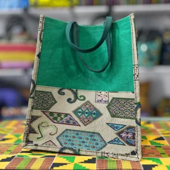 Geometric Print Jute Tote Bag with Green Panel in Lagos, Nigeria from African Things