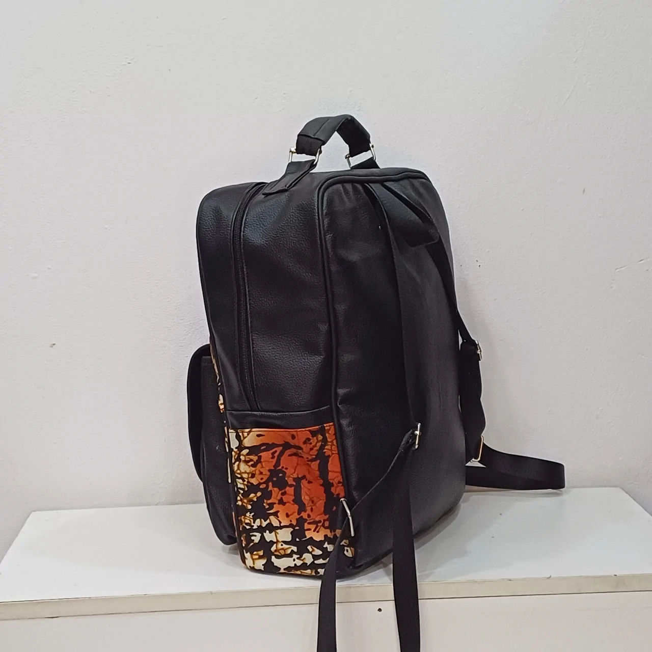 Uzuri African Print and Leather Backpack Side View Large