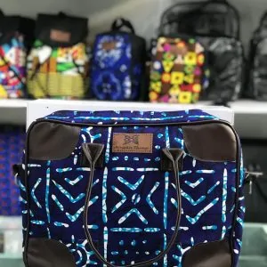 Brown and Blue Leather and African Print Adire Laptop bags