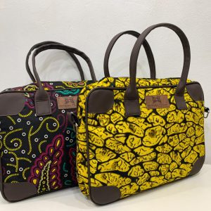 Brown and yellow Leather and African Print Adire Laptop bags