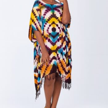 Adire print dress with fringe on a Nigerian model