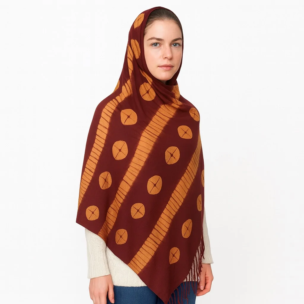 American woman wearing a maroon and orange Adire scarf with dotted stripe designs, styled modestly over a sweater.