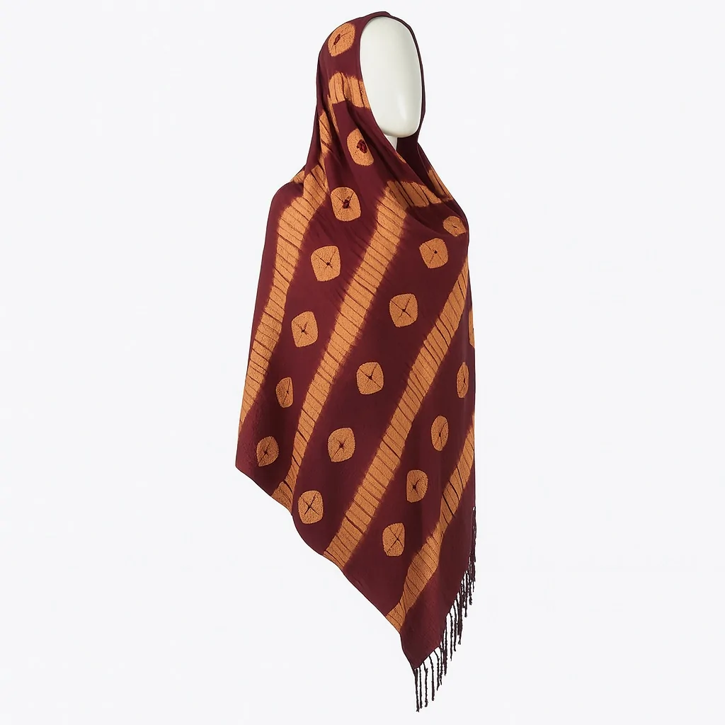Maroon Adire scarf with diagonal orange dotted lines and fringe hem, styled on a mannequin.