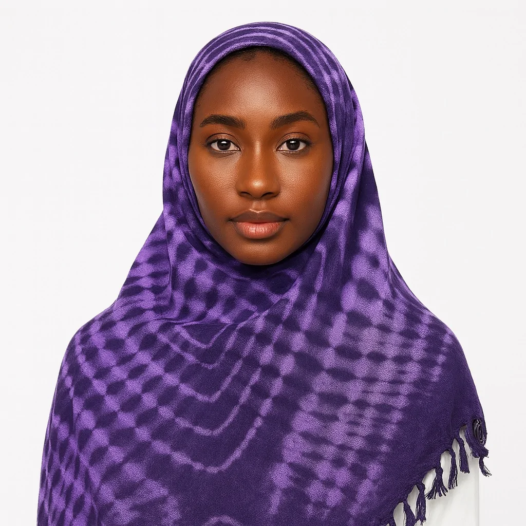 Beautiful African woman wearing a purple Adire scarf with square tie-dye designs and visible tassels.