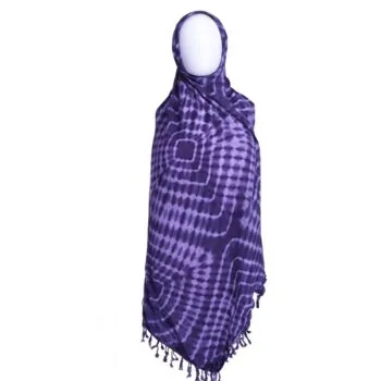 Purple Adire scarf with concentric square patterns, draped on a mannequin, featuring light fringe tassels.