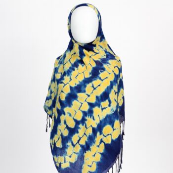 Blue Adire scarf with scattered yellow tie-dye patterns, draped in front view on a mannequin.