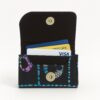 Ankara African print card holder with blue dotted patterns, open with credit cards inside.