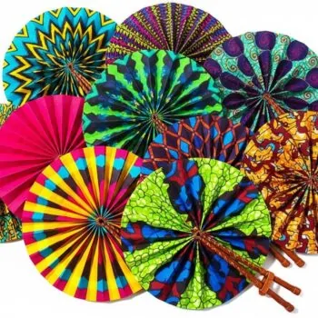 Collection/group of foldable African hand fans with vibrant colors of Ankara print.