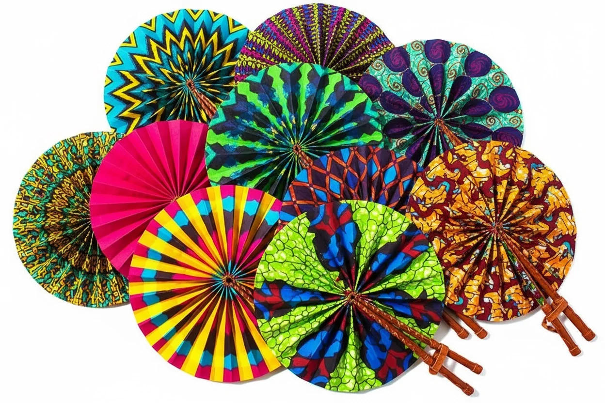 Collection/group of foldable African hand fans with vibrant colors of Ankara print.