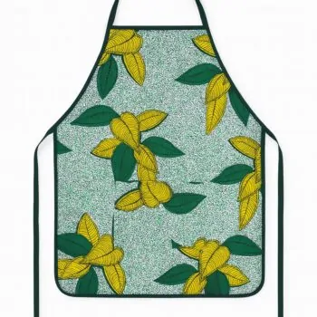 African print Apron with green background, large yellow floral patterns, and dark green leaves.