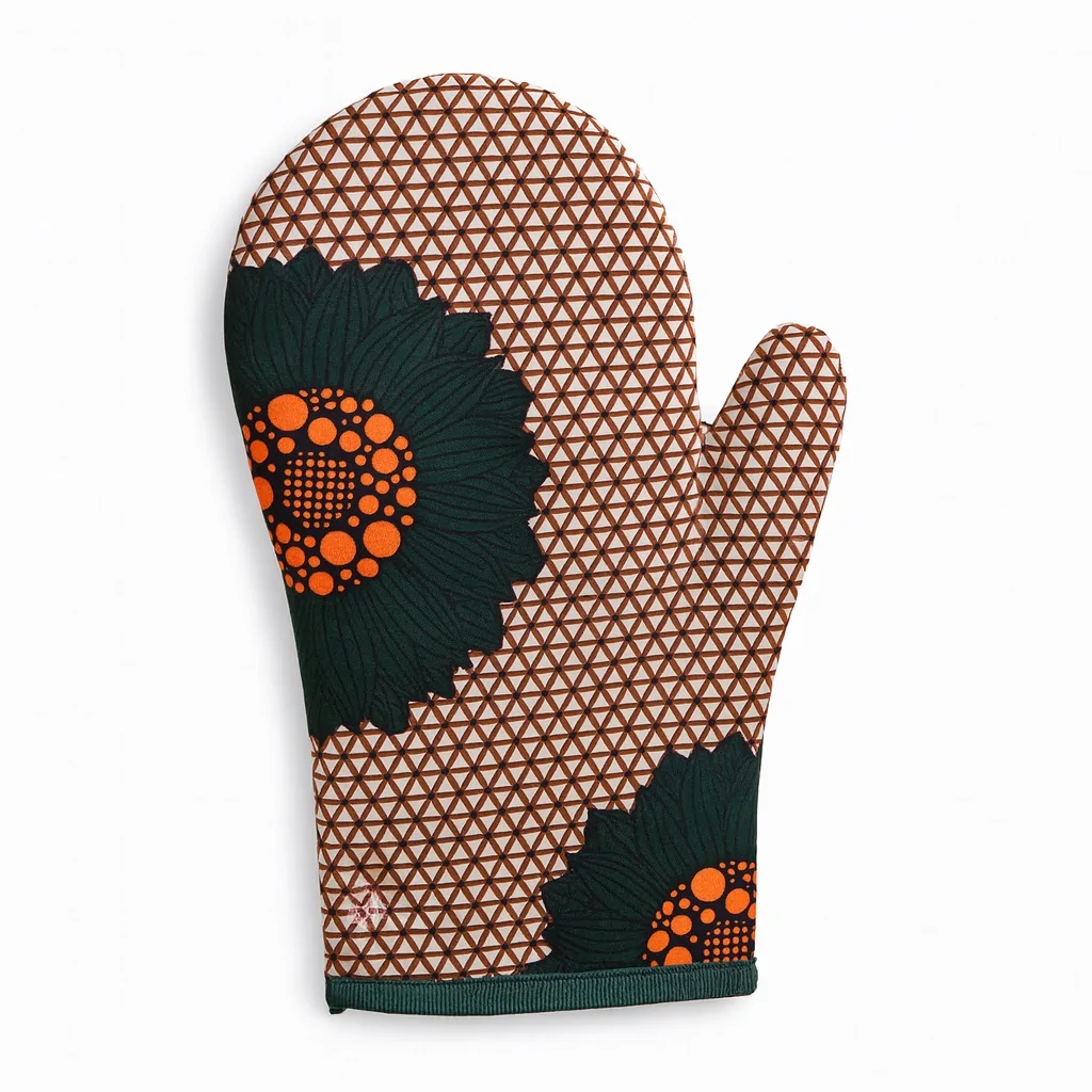Single African print oven mitt with brown triangular pattern, large dark green flower, and orange center.