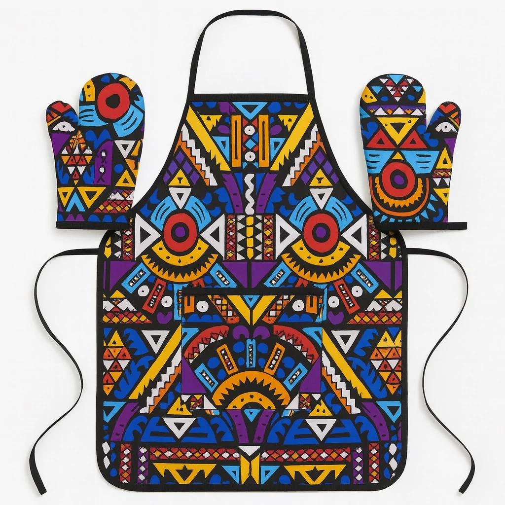 Colorful geometric African print apron with matching oven mitts in blue, yellow, red, black, and purple.