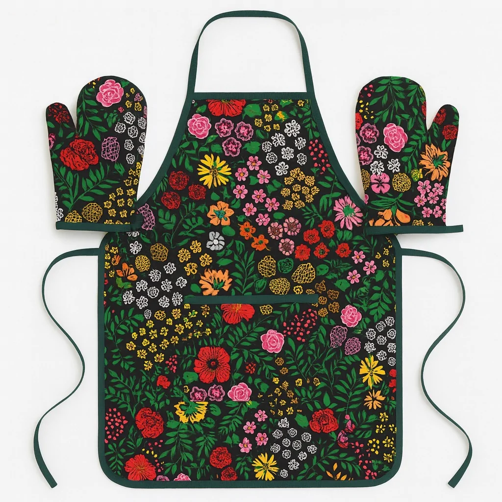 Floral print apron with matching oven mitts featuring vibrant multicolored flowers on a black background.