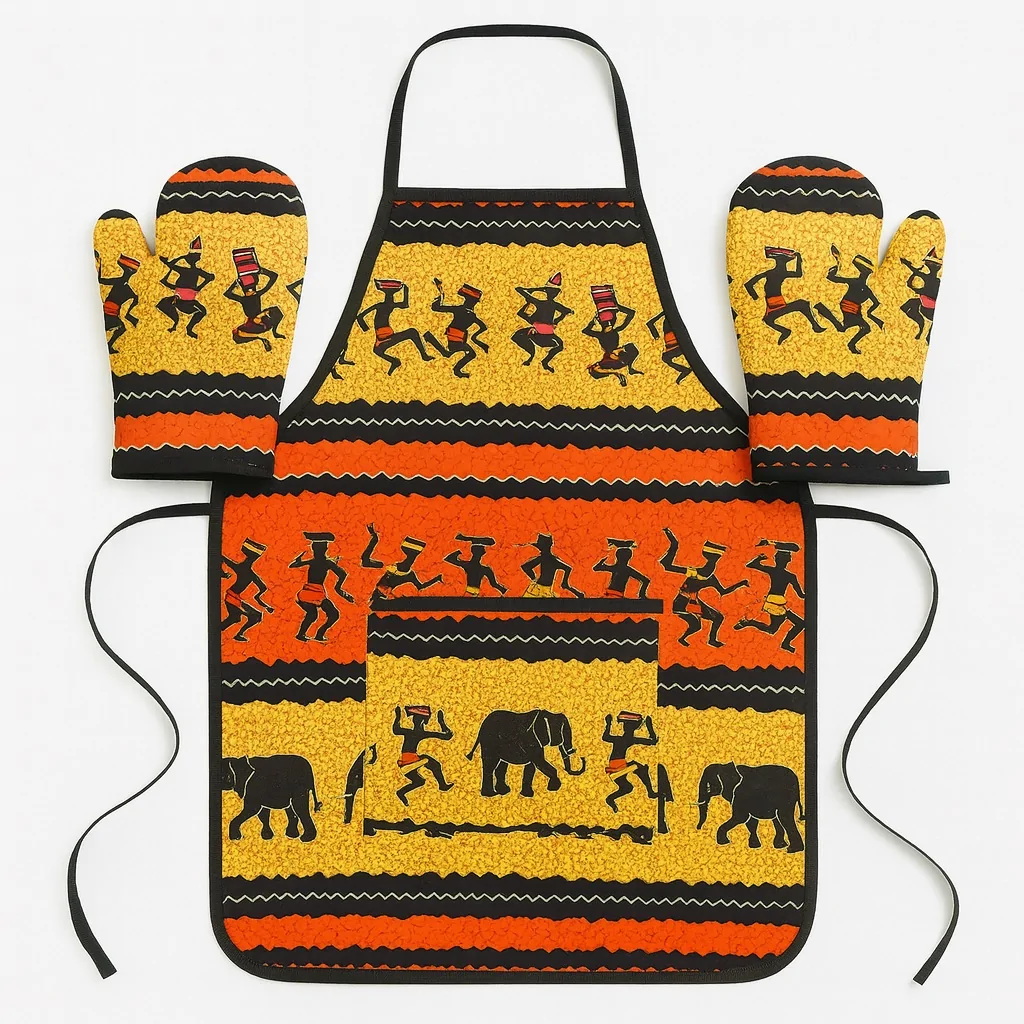 African wildlife print apron with matching oven mitts in orange, yellow, and black, depicting elephants and dancing figures.