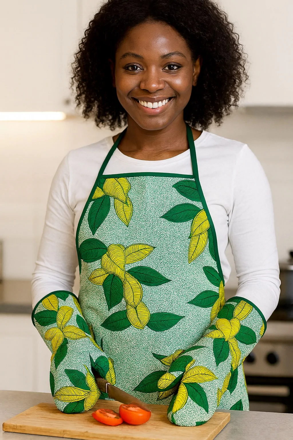 Smiling woman in a kitchen wearing a green and yellow floral apron with matching oven mitts, cutting tomatoes.