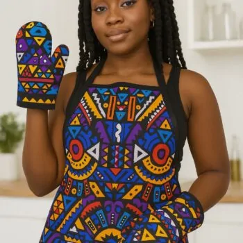 Woman wearing a colorful geometric African print apron with matching oven mitts, standing in a kitchen holding one mitt up.