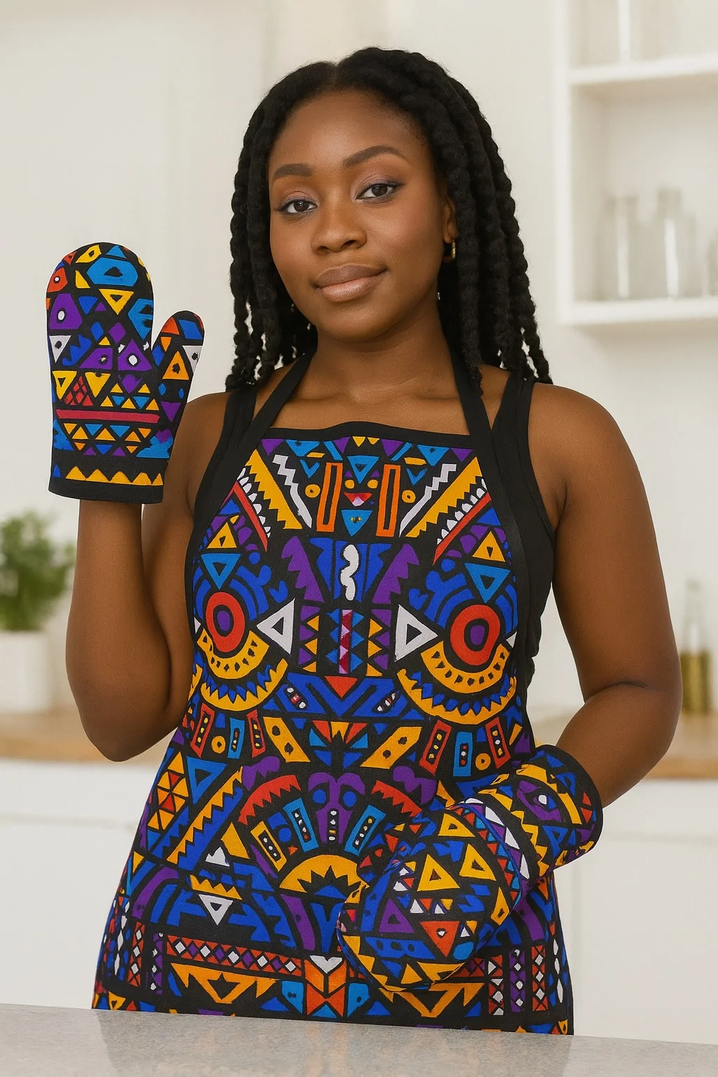 Woman wearing a colorful geometric African print apron with matching oven mitts, standing in a kitchen holding one mitt up.
