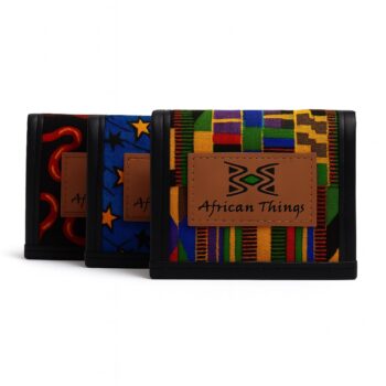 Set of three African print African Things wallets in red, blue star, and multicolor kente patterns.