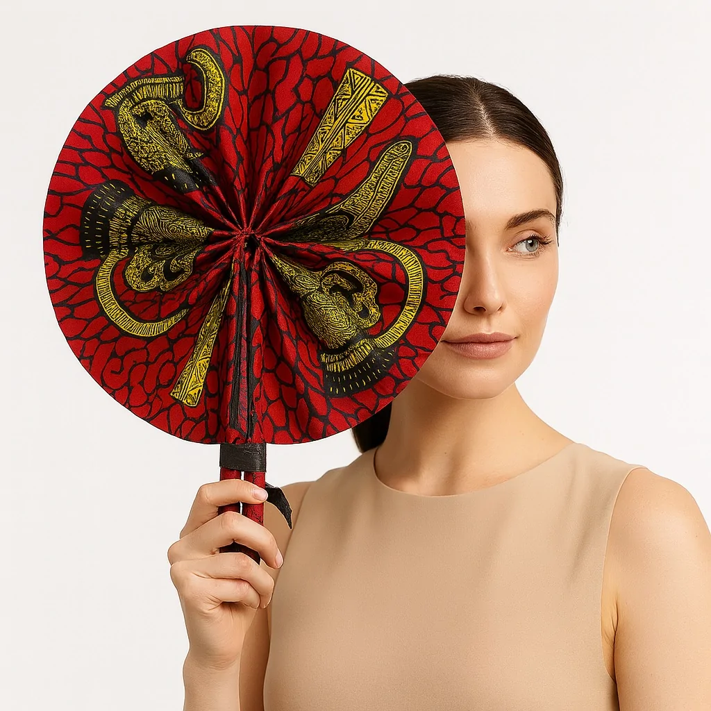 Elegant American woman holding a red African hand fan featuring yellow elephant motifs, half-covering her face, dressed in a sleeveless beige top.