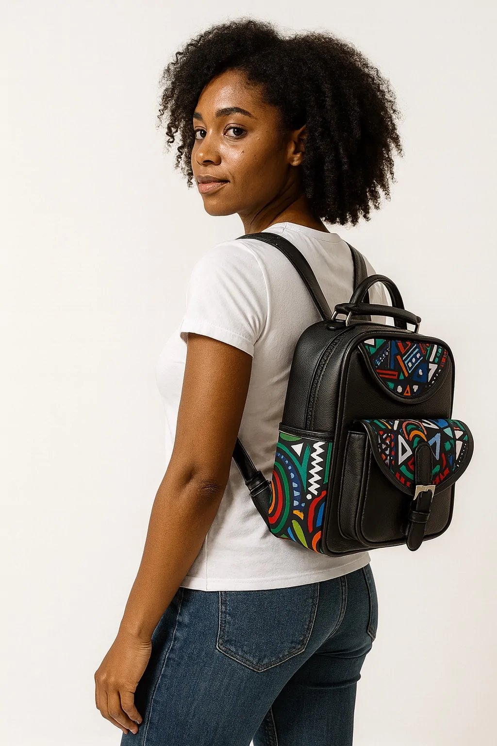 ankara african print backpack on a lady