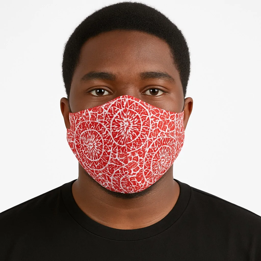 Front view of a man wearing a red Ankara face mask with cracked circular patterns. White studio background with clear details.