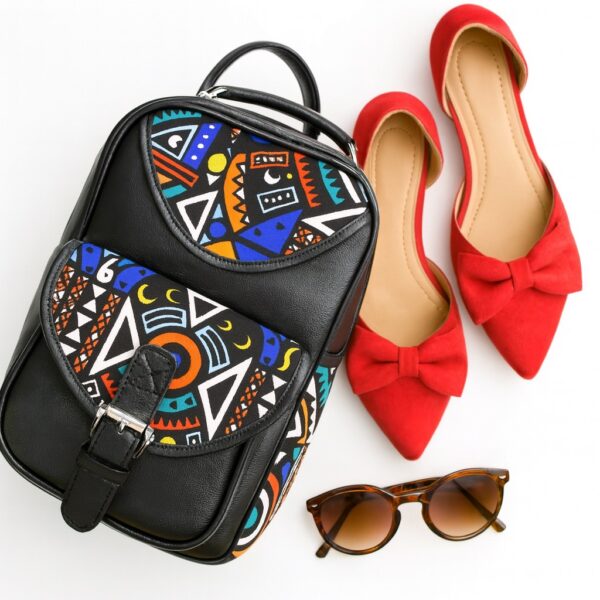 Flat lay of a black Ankara print leather backpack paired with red bow flats and brown tortoiseshell sunglasses on a white background.