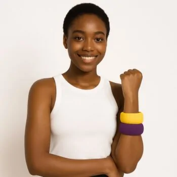 Smiling Black woman in a white tank top wearing stacked purple and yellow Ankara bangles on her arm.