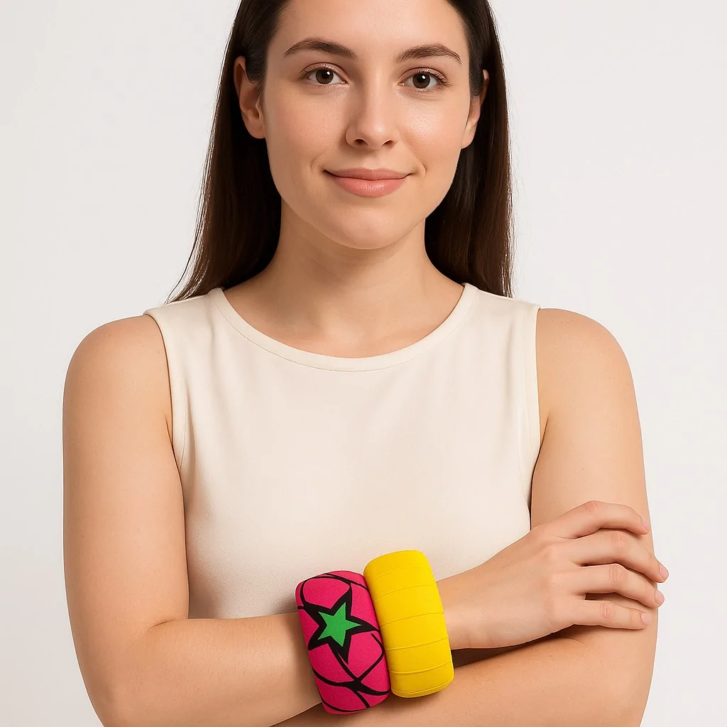 Caucasian woman in a sleeveless ivory top wearing a pink star Ankara bangle and yellow bangle on her wrist.