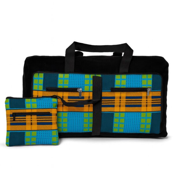 Ankara collapsible duffel bag displayed with matching compact pouch in identical fabric pattern. The bag features vibrant orange and blue African print, dual zippers, black fabric handles, and contrast piping.