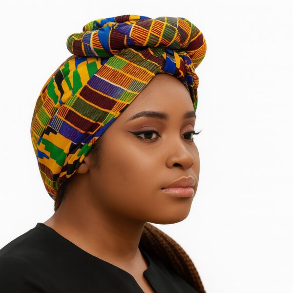 Side profile of a woman wearing a colorful Kente-inspired Ankara headwrap with bold stripes.