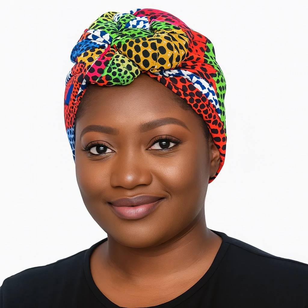 Woman wearing a vibrant multicolor Ankara headwrap with a knotted front design.