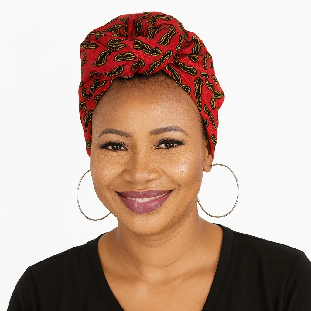 Woman wearing a red Ankara headwrap with yellow and black abstract designs.