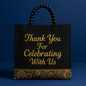 Elegant black tote with beaded handle and embroidered "Thank You For Celebrating With Us" text, perfect souvenir bags for weddings, parties, and cultural celebrations.
