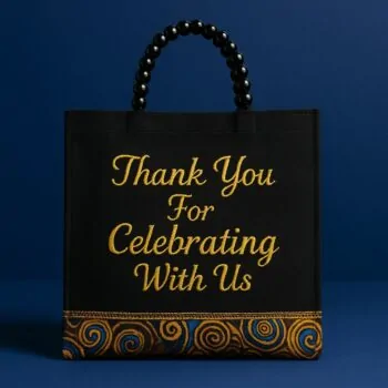 Elegant black tote with beaded handle and embroidered "Thank You For Celebrating With Us" text, perfect souvenir bags for weddings, parties, and cultural celebrations.