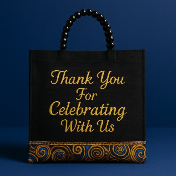 Elegant black tote with beaded handle and embroidered "Thank You For Celebrating With Us" text, perfect souvenir bags for weddings, parties, and cultural celebrations.
