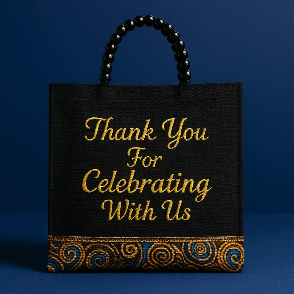 Elegant black tote with beaded handle and embroidered "Thank You For Celebrating With Us" text, perfect souvenir bags for weddings, parties, and cultural celebrations.