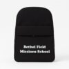 Black school backpack with "Bethel Field Missions School" text printed on the front pocket.