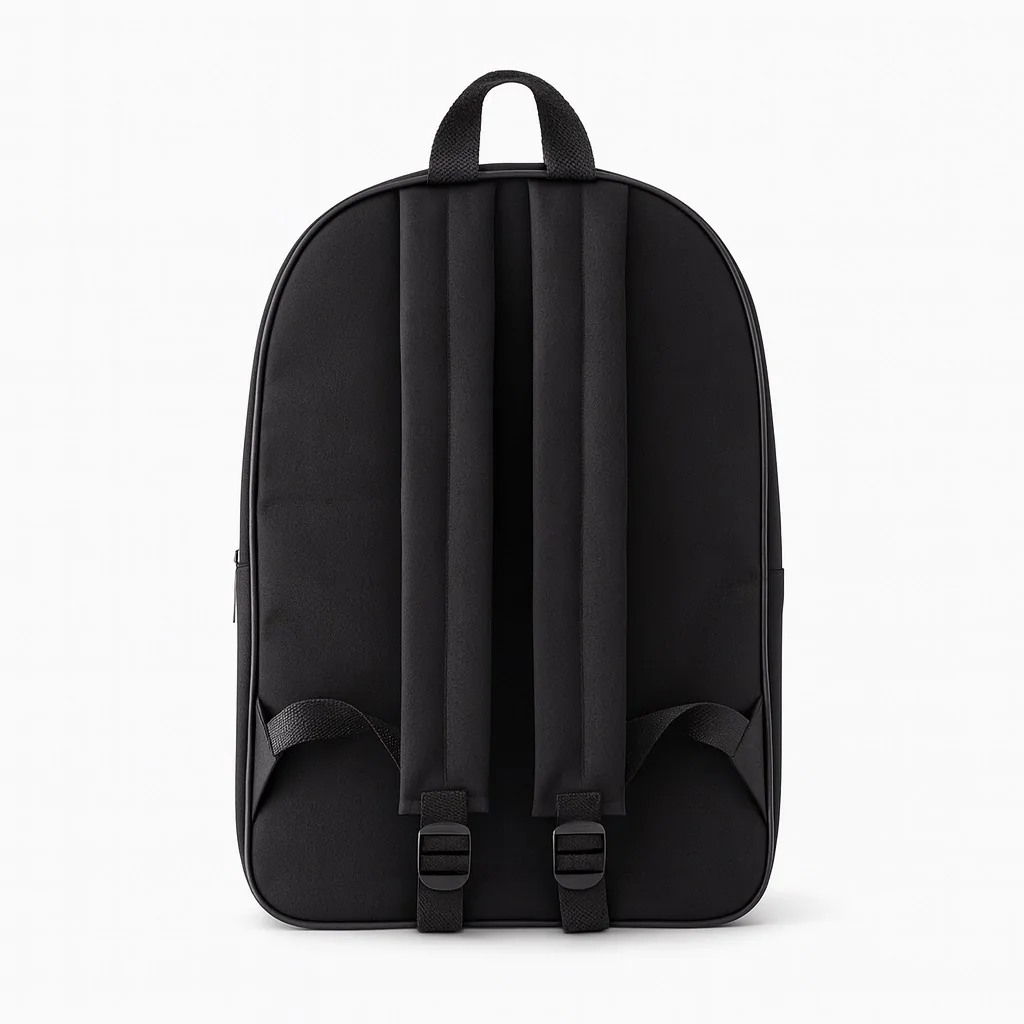Rear view of a plain black school backpack showing padded shoulder straps and loop handle.