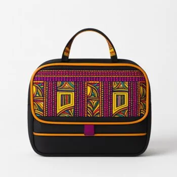 Side view of green lunch bag with black abstract stripe patterns and black base.
