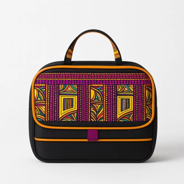 Side view of green lunch bag with black abstract stripe patterns and black base.