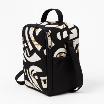Green lunch bag with black abstract stripe patterns and black strap.