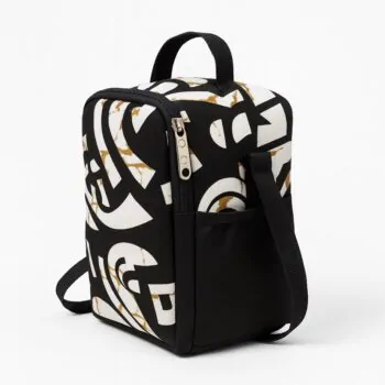 Green lunch bag with black abstract stripe patterns and black strap.
