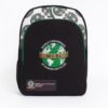 Front view of a custom branded black conference backpack with "World Conference of Banking Institutes (WCBI)" logo and green globe graphic on the front panel, suitable for school or event use.