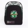 Front view of a custom branded black conference backpack with "World Conference of Banking Institutes (WCBI)" logo and green globe graphic on the front panel, suitable for school or event use.