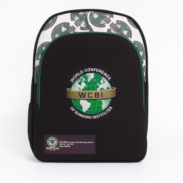 Front view of a custom branded black conference backpack with "World Conference of Banking Institutes (WCBI)" logo and green globe graphic on the front panel, suitable for school or event use.