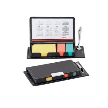 Black leather desktop calendar set with 2015 calendar, colorful sticky notes, and silver pen, shown open and closed